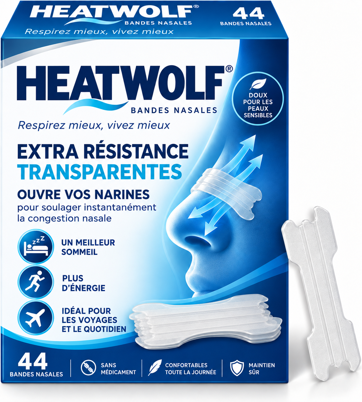 HEATWOLF Bandes nasales – Soulagent la congestion nasale – Extra-fortes et transparentes