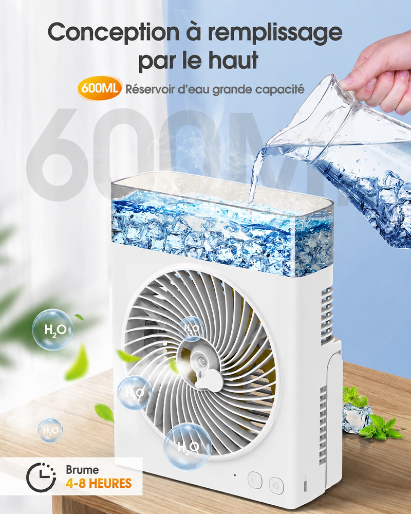 ❄️ Ventilateur Brumisateur Portable BVJ | Jusqu’à 30 h d’autonomie • Réservoir d’eau 600 ml • Recharge USB • Fonctionnement silencieux | Idéal pour la maison, le bureau, le camping et les voyages