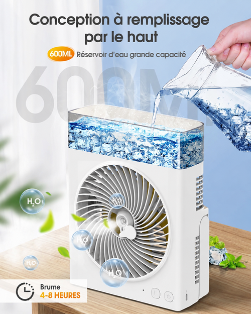 ❄️ Ventilateur Brumisateur Portable BVJ | Jusqu’à 30 h d’autonomie • Réservoir d’eau 600 ml • Recharge USB • Fonctionnement silencieux | Idéal pour la maison, le bureau, le camping et les voyages