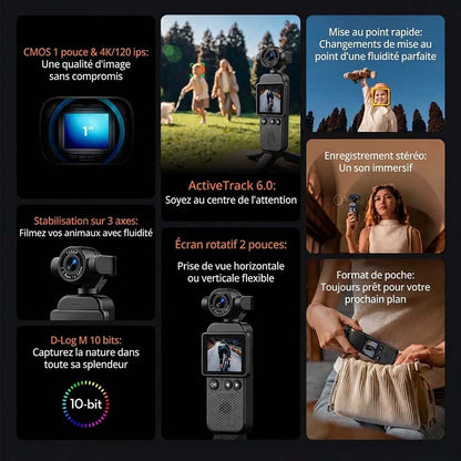 🔥 Aujourd’hui seulement -88 % | 100 % Officiel & Authentique | Caméra de poche Pocket 3, 4K/120 ips, stabilisation 3 axes et écran rotatif