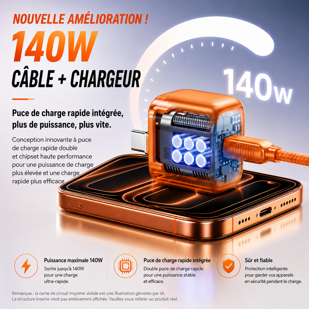 🔥 Protecteur de charge USB-C 140 W avec IA et arrêt automatique à pleine charge